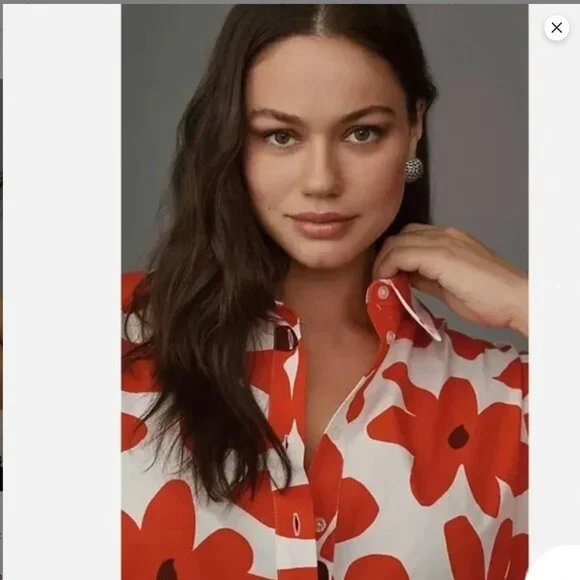 Maeve Anthropologie Bettina Midi Dress Tiered Buttondown Red Flowers SP - Picture 3 of 14